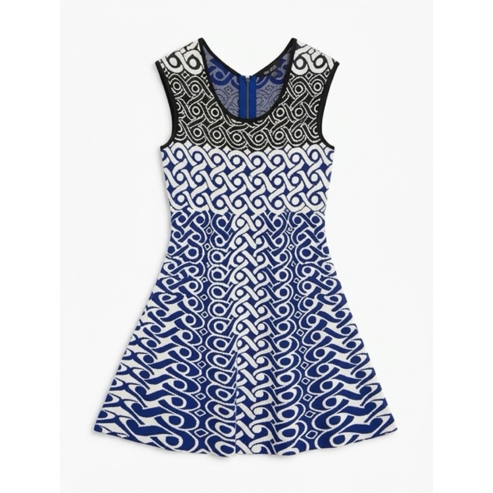 NIC+ZOE Blue Black White Geometric Intarsia Knit Fit & Flare Dress Medium